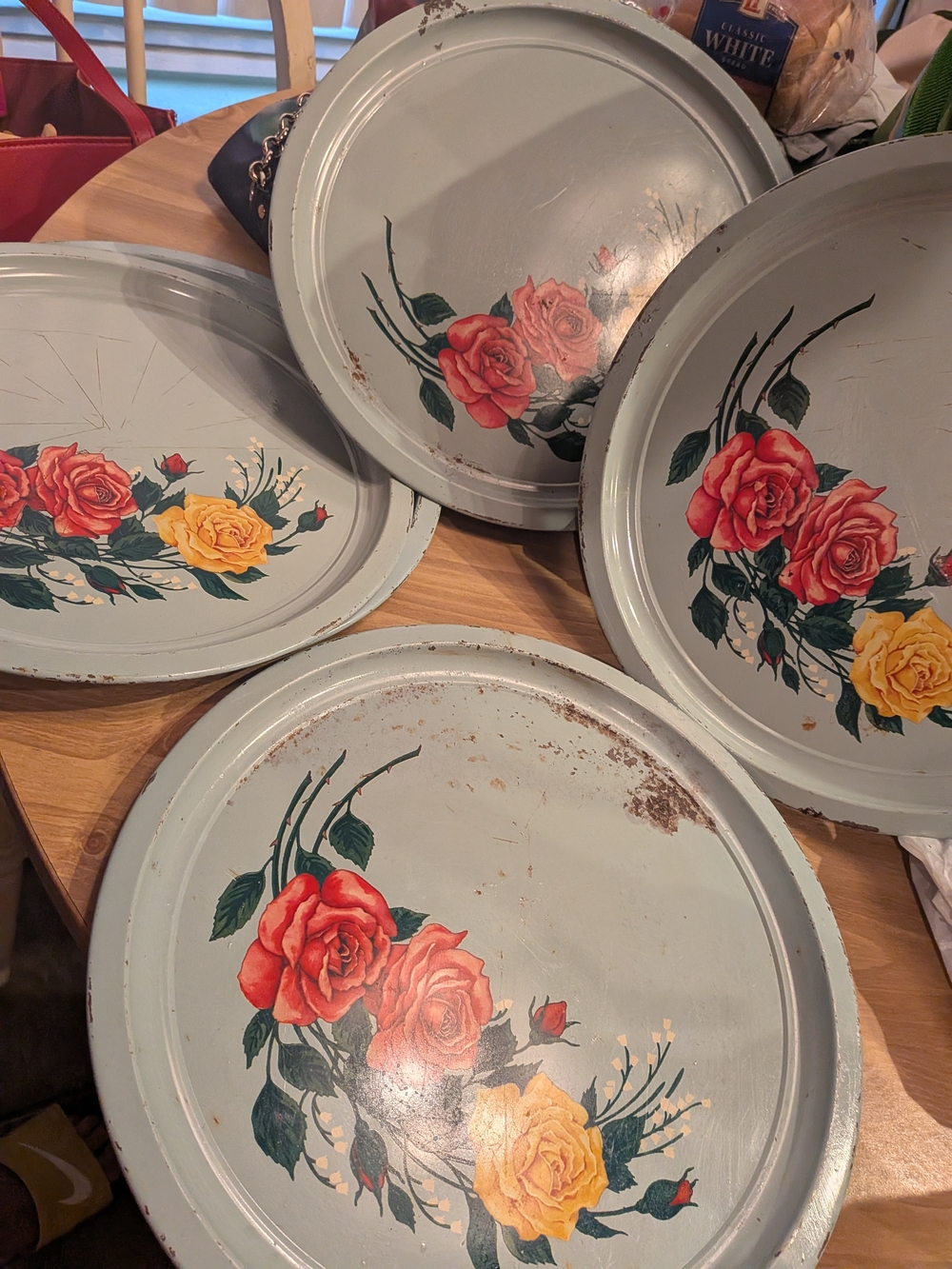 Set of Floral Metal Trays in Light Blue with Red & Yellow Roses